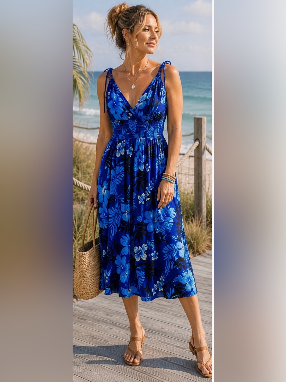 Vintage Aloha Hawaiian Blue Tropical Floral Smocked Midi Sundress Sz Small (OS)